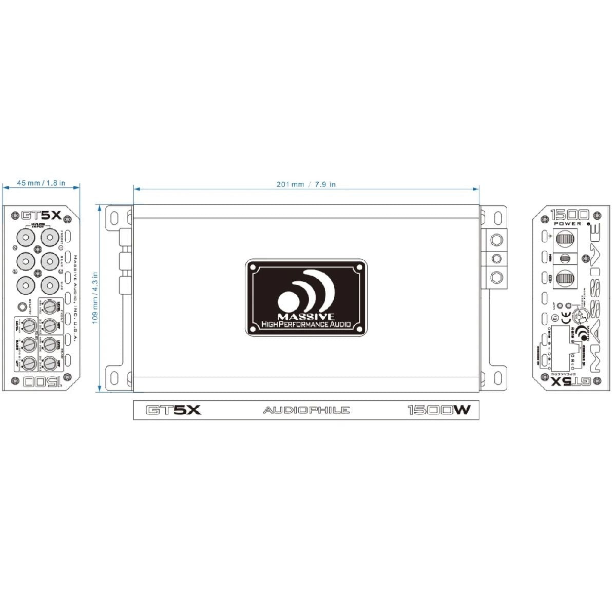 MASSIVE AUDIO SUPER COMPACT 120 WATT X 4 @ 2 OHM + 510 X 1 @ 1 OHM AMPLIFIER (GT5X)