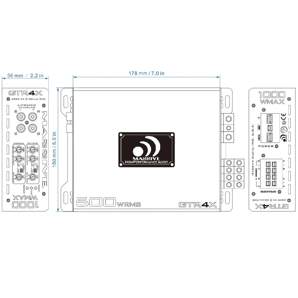 MASSIVE AUDIO SUPER COMPACT 200 WATT RMS X 4 @ 2 OHM AMPLIFIER (GTR4X)