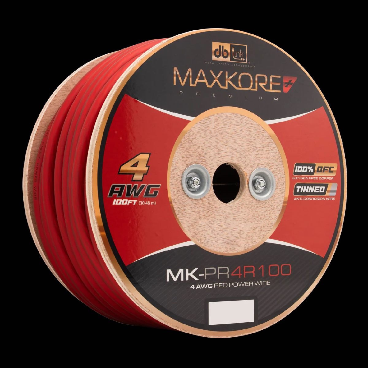 DB LINK 100' 4 AWG MAXKORE+ PREMIUM RED 100% OFC, TINNED ANTI-CORROSIVE POWER WIRE ROLL (MK-PR4R100) - image 1