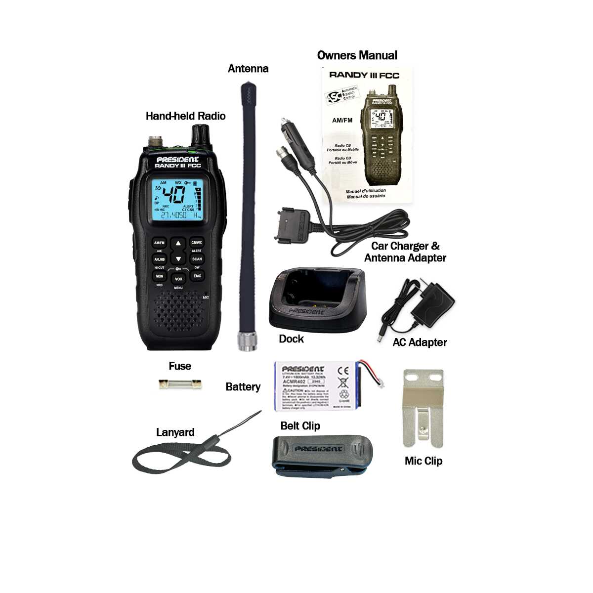 PRESIDENT 40 CHANNEL HANDHELD AM/FM CB RADIO NO WARRANTY (RANDY III)