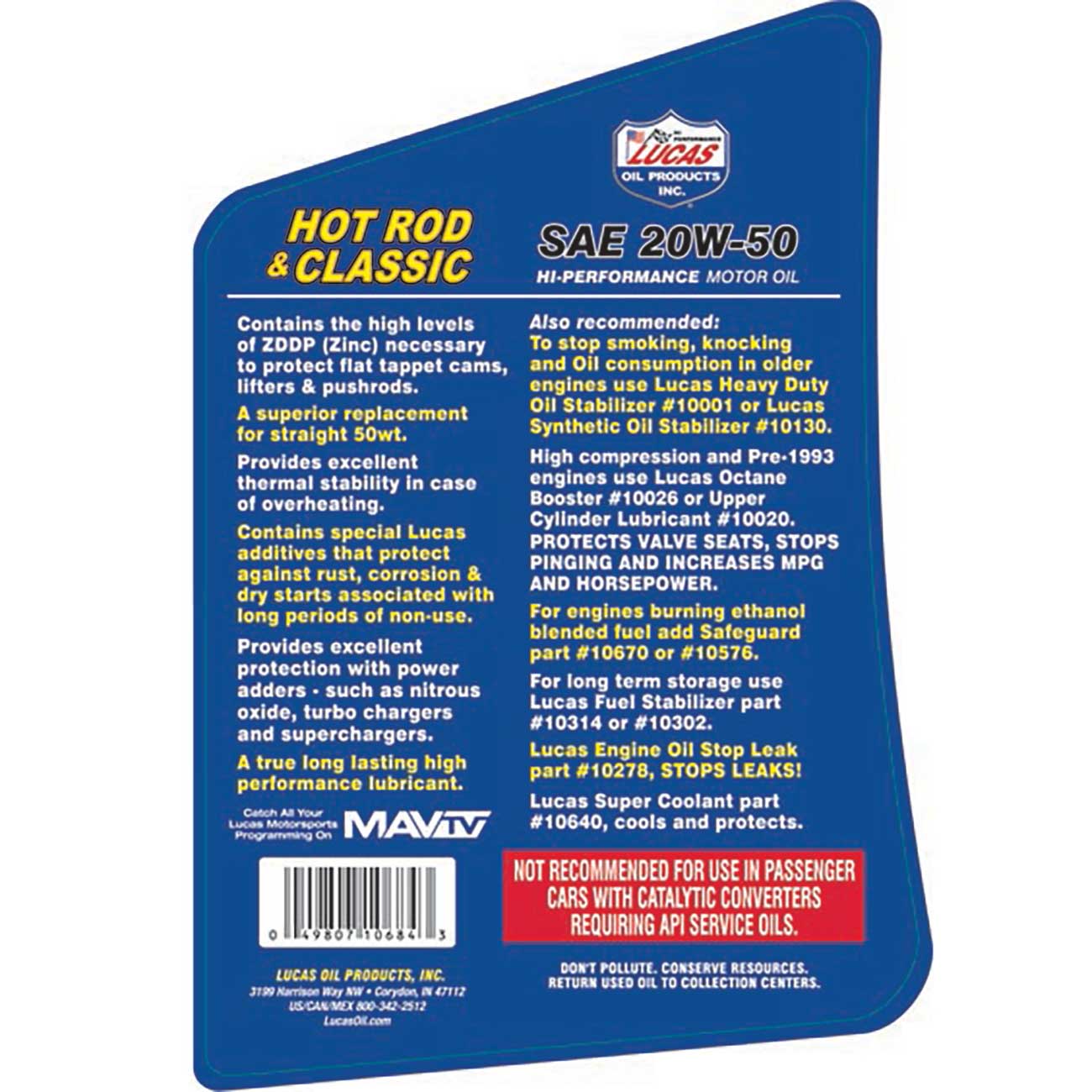 Lucas Oil Sae 20w-50 Hot Rod Oil - 5 Quart