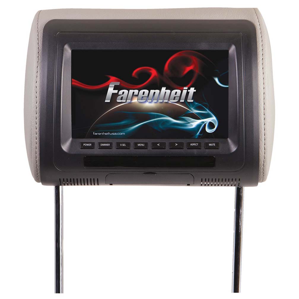 Farenheit Universal 7" Headrest (single) Includes 3 Color Skins (blackgreybeige) Dual Ch Ir Tran