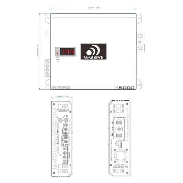 CH BEATS 5000 watt mono block amplifier with top and side views showing controls and connections