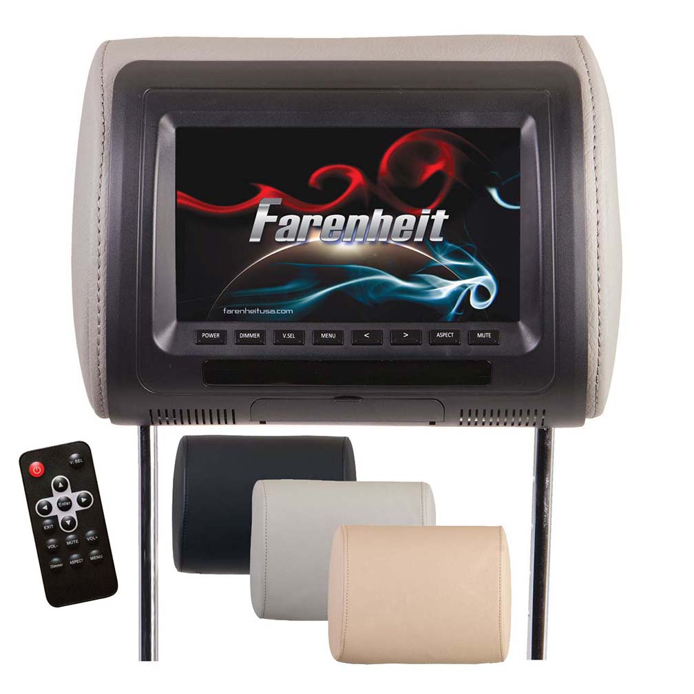 Farenheit Universal 7" Headrest (single) Includes 3 Color Skins (blackgreybeige) Dual Ch Ir Tran