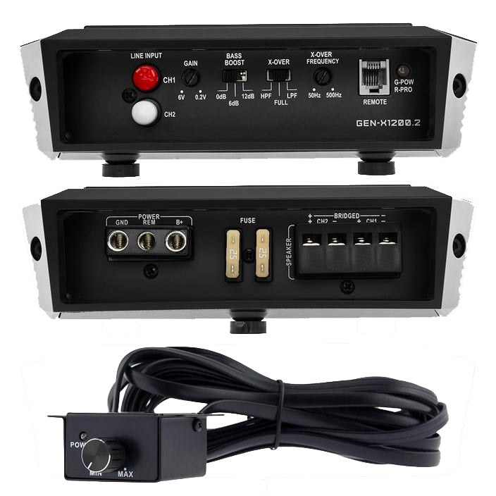 CH WORLD DS18 2 channel amplifier with remote control knob and detailed input and output connections