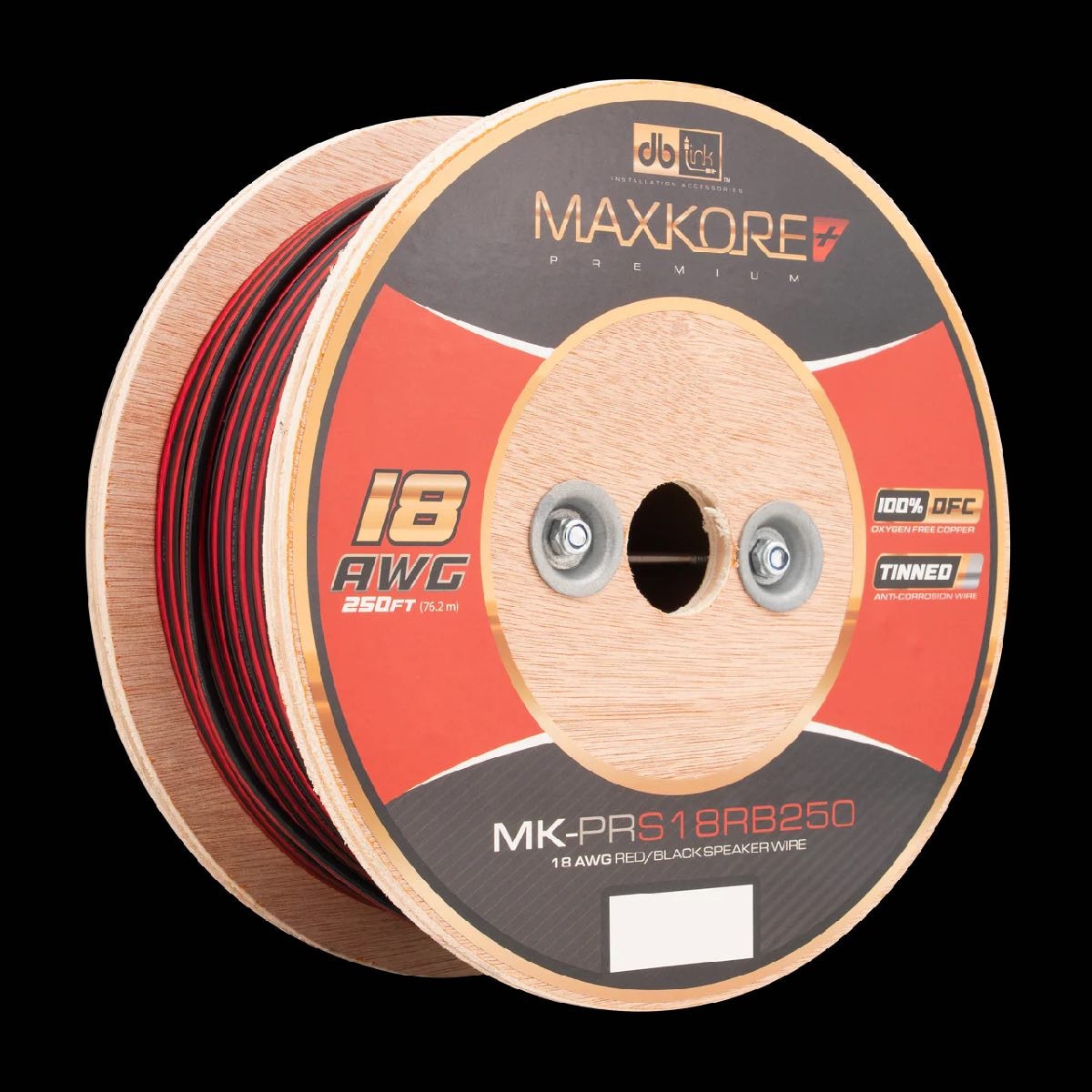DB LINK 250' 18 AWG MAXKORE+ PREMIUM RED/BLACK 100% OFC, TINNED ANTI-CORROSIVE SPEAKER WIRE (MK-PRS18RB250) - image 1