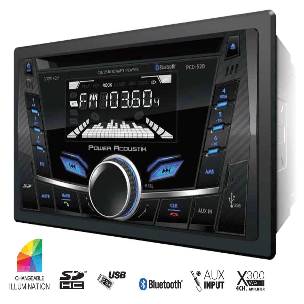 POWER ACOUSTIK DOUBLE DIN AM/FM/CD WITH BLUETOOTH (PCD52B)