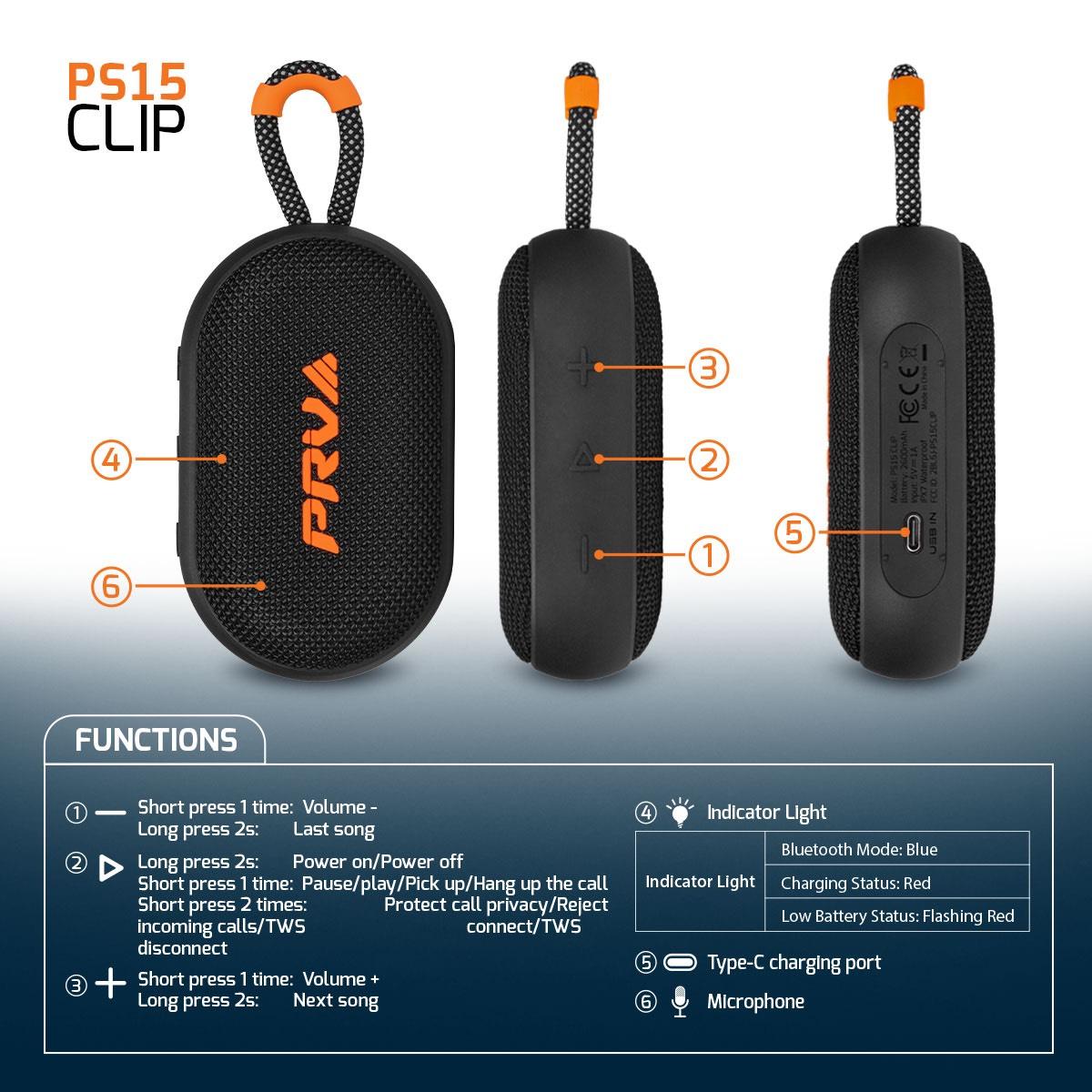 PRV AUDIO - PORTABLE WATERPROOF BLUETOOTH SPEAKER (PS15 CLIP)