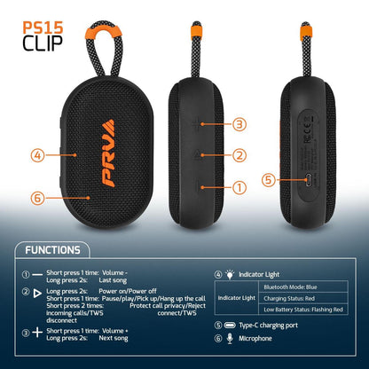 PRV AUDIO - PORTABLE WATERPROOF BLUETOOTH SPEAKER (PS15 CLIP)