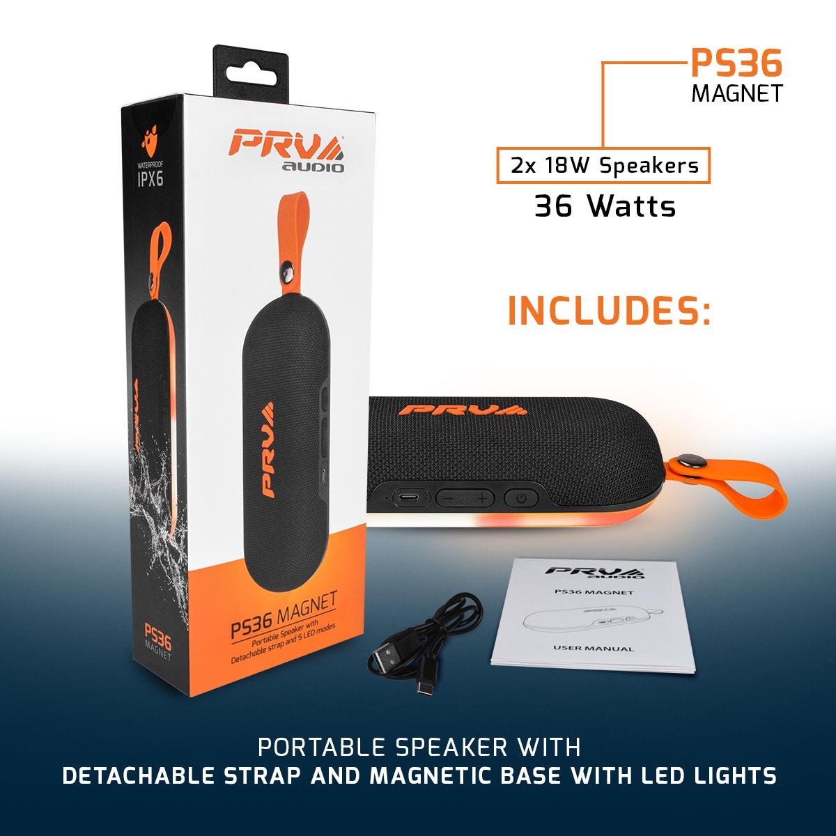 PRV AUDIO - PORTABLE WATERPROOF DUAL BLUETOOTH SPEAKER WITH 7 COLOR LED (PS36MAGNET)