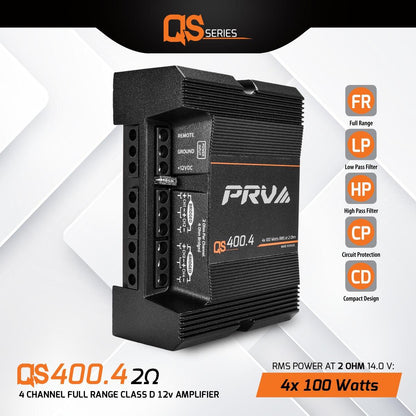 PRV AUDIO - 4 CHANNEL MINI COMPACT 400 WATT 4 CHANNEL AMPLIFIER (QS400.4 2OHM)