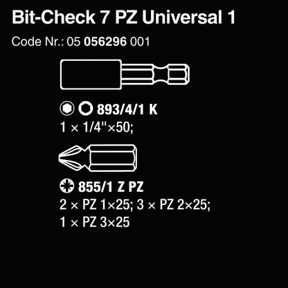 Wera Mini-check Bit-check Drive Bits Pozidriv & Universal Bitholder (7 Piece Set)