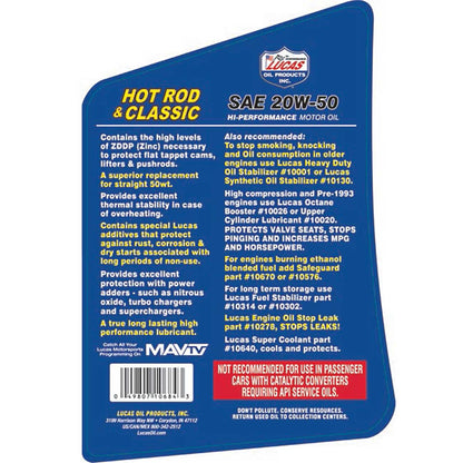 Lucas Oil Sae 20w-50 Hot Rod Oil - 5 Quart