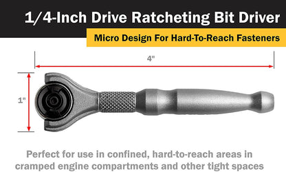 Titan 1/4" Drive Aluminum Swivel Head Micro Ratchet Bit Driver Silver
