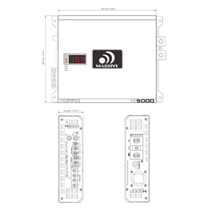 CH BEATS 5000 watt mono block amplifier with top and side views showing controls and connections