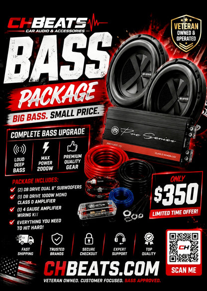 DB DRIVE DUAL 8" SUBWOOFER, MONO AMPLIFIER, & 4GA WIRING KIT BASS PACKAGE