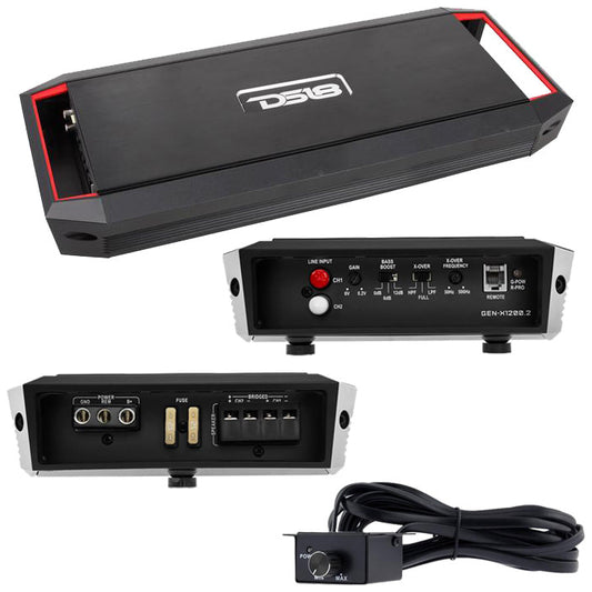 CH WORLD DS18 2 channel amplifier in black showing top, control panel, power connections, and remote control knob