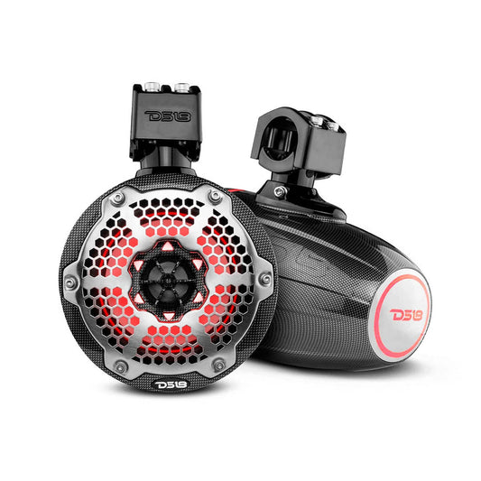 DS18 HYDRO 6.5″ Marine Wake Tower Speakers RGB Lights, 300W Max – Color: Black Carbon Fiber